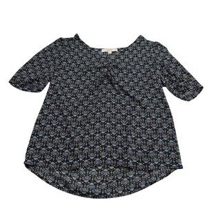 Loft Womens Short Sleeve Blouse Size Small Black & Blue Floral Pattern